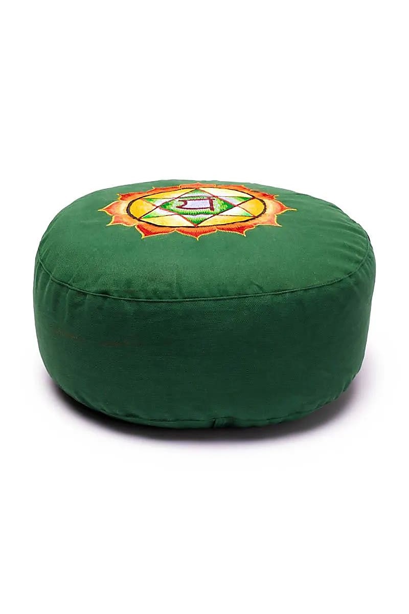 Coussin de Méditation vert avec broderie du 4ème Chakra Anahata - Chakra du cœur