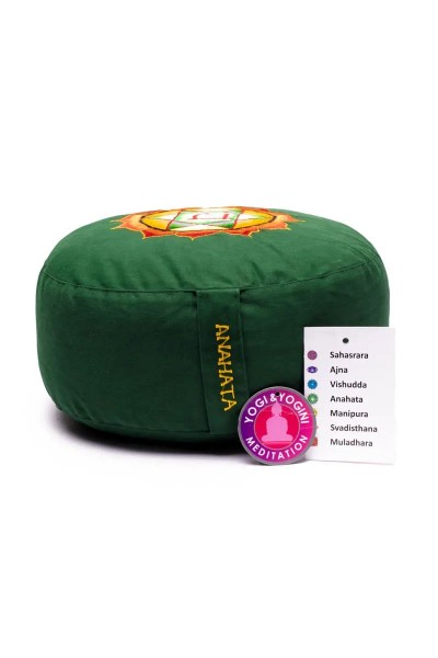 Coussin de Méditation vert avec broderie du 4ème Chakra Anahata - Chakra du cœur