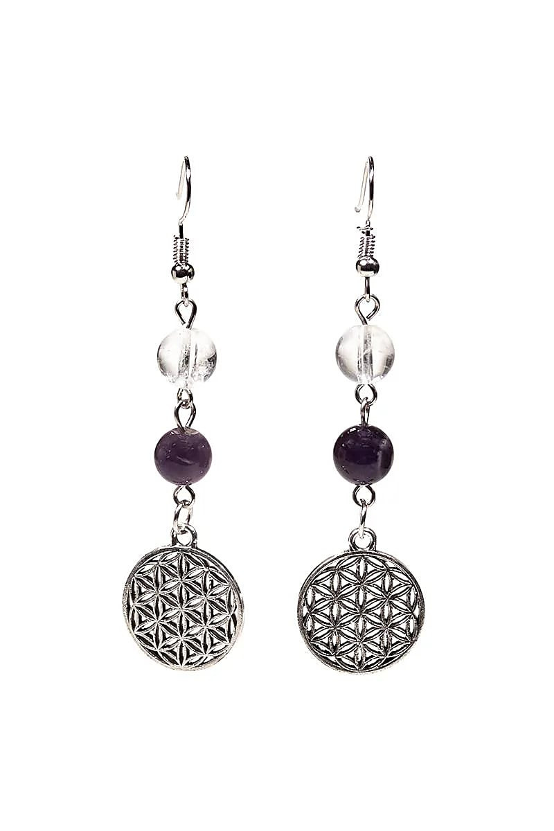 Boucles d'Oreilles en Cristal de Roche, Améthyste & Fleur de Vie : Purification, Sagesse et Élévation