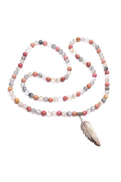 Mala Rhodonite/ Quartz gris & Plume : Amour, Équilibre et Spiritualité