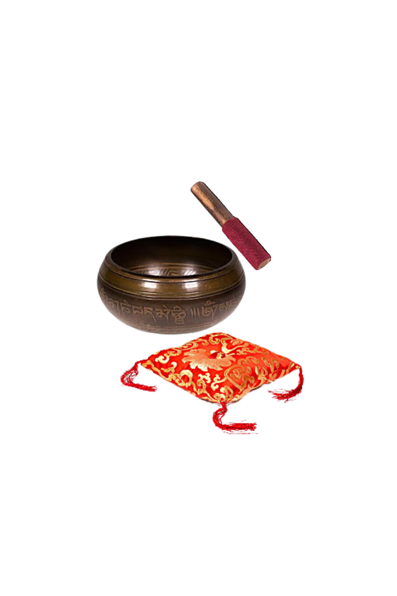 COMBO - Bol Chantant Tibétain avec Tara - Décoré et Gravé - 12 cm & Coussin de résonance Rouge fleuri